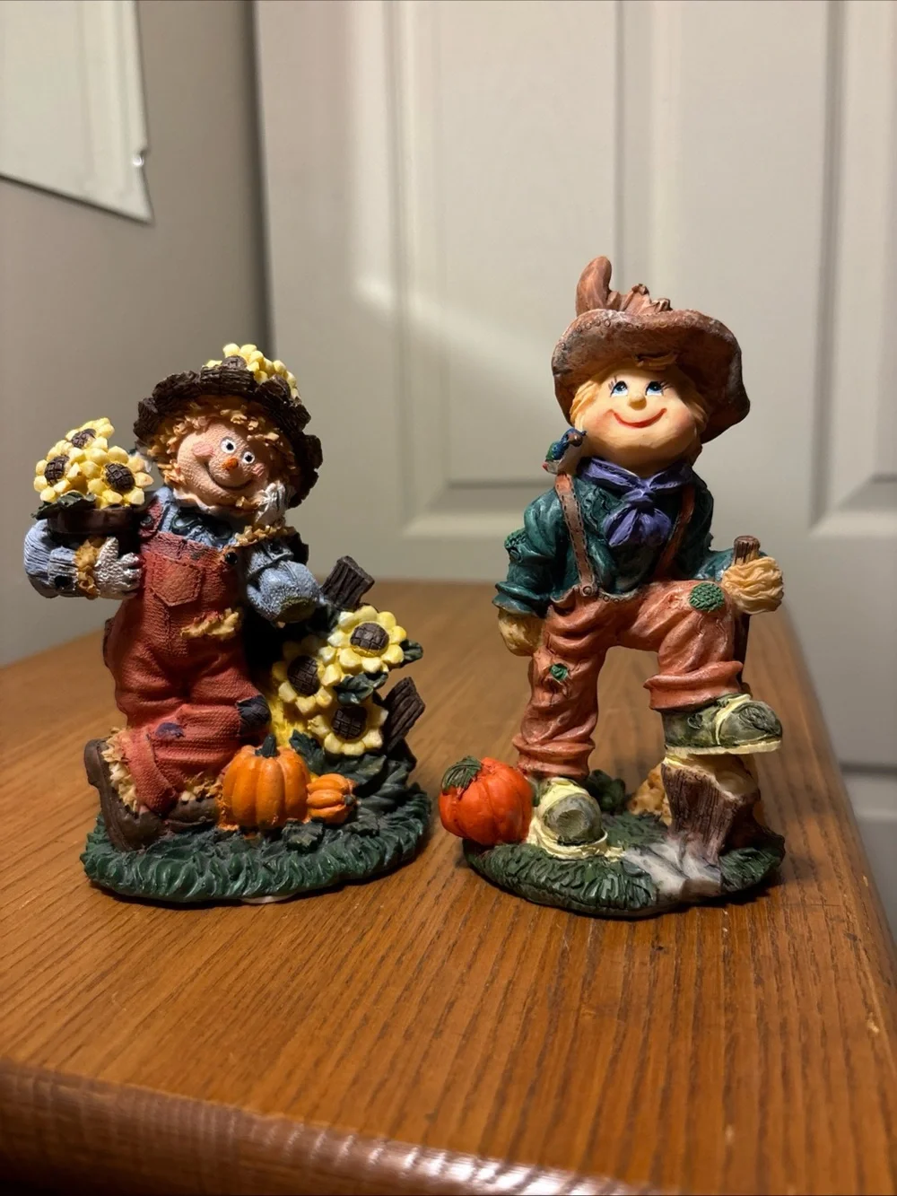 Autumn Scarecrow Figurine Pair - Orange & Green Fall Decor